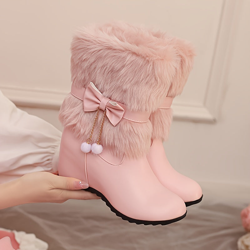 Anne - Preppy Dames Wintermode Laarzen, Slip-On, Warme Voering, Strik & Pompon Details
