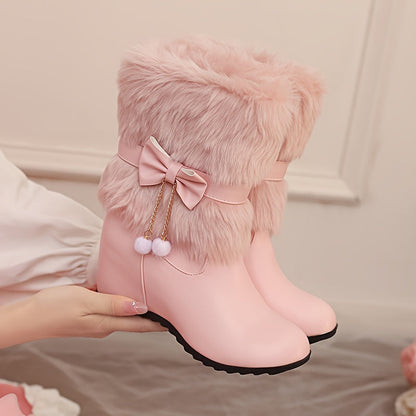 Anne - Preppy Dames Wintermode Laarzen, Slip-On, Warme Voering, Strik & Pompon Details