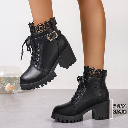 Elise - Vrouwen Trendy Platform Laarzen, Effen Kleur, Blokhak, Ritssluiting, Microvezel Kunstleer