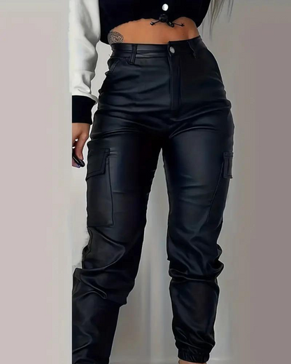 Amayra Leren Broek | Casual zwarte cargo broek
