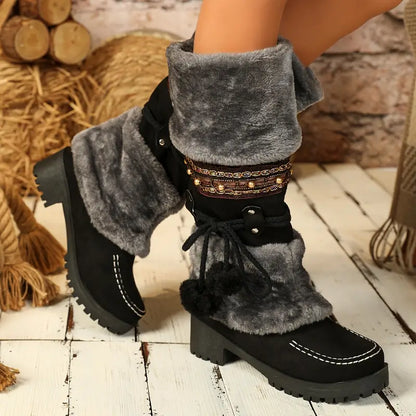 Elise | Warme retro sneeuwlaarzen met stijlvolle fleece pompondecoratie