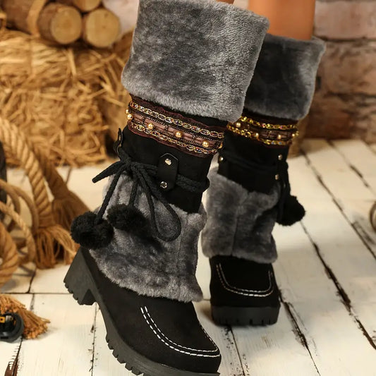 Elise | Warme retro sneeuwlaarzen met stijlvolle fleece pompondecoratie