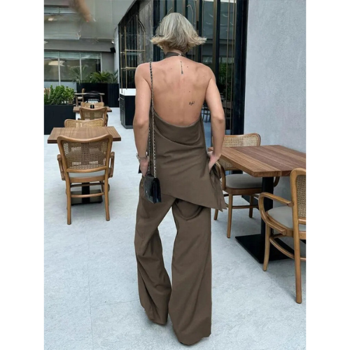 Chloe | Sexy Rugloze Halter Top met Verstelbare Veters en Asymmetrische Broek