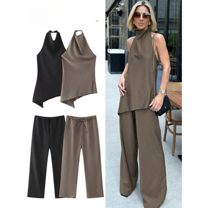 Chloe | Sexy Rugloze Halter Top met Verstelbare Veters en Asymmetrische Broek