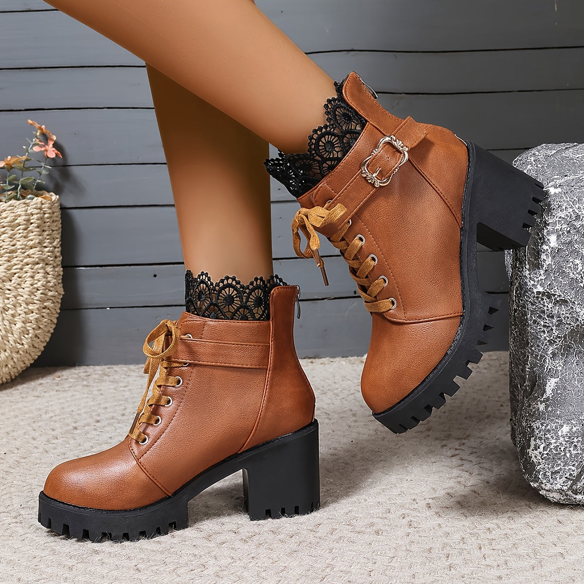 Elise - Vrouwen Trendy Platform Laarzen, Effen Kleur, Blokhak, Ritssluiting, Microvezel Kunstleer