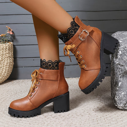 Elise - Vrouwen Trendy Platform Laarzen, Effen Kleur, Blokhak, Ritssluiting, Microvezel Kunstleer