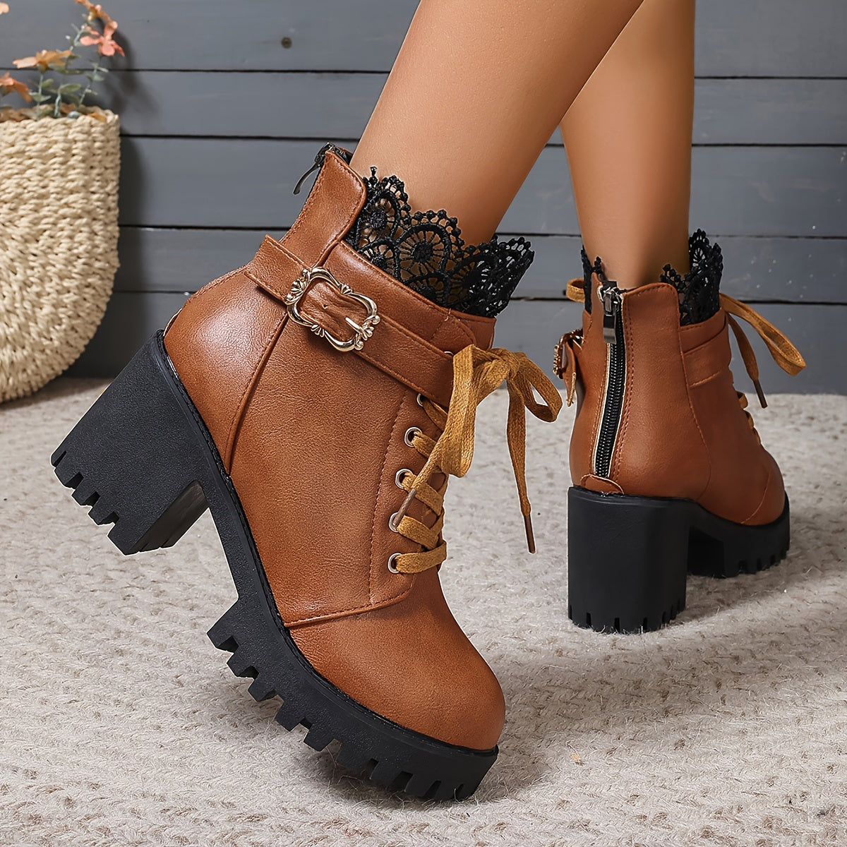 Elise - Vrouwen Trendy Platform Laarzen, Effen Kleur, Blokhak, Ritssluiting, Microvezel Kunstleer