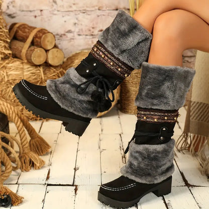 Elise | Warme retro sneeuwlaarzen met stijlvolle fleece pompondecoratie