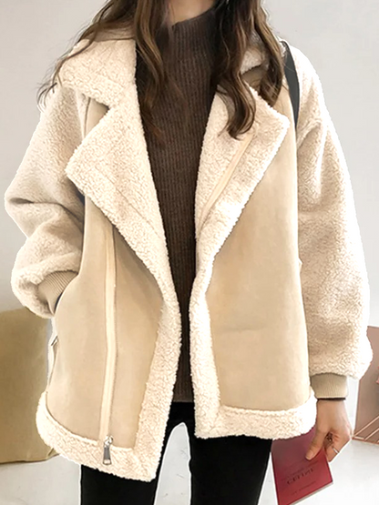 Julia Teddy Winterjas Dames | Herfstjas Vrouwen | Borg Lined Biker Jack Beige
