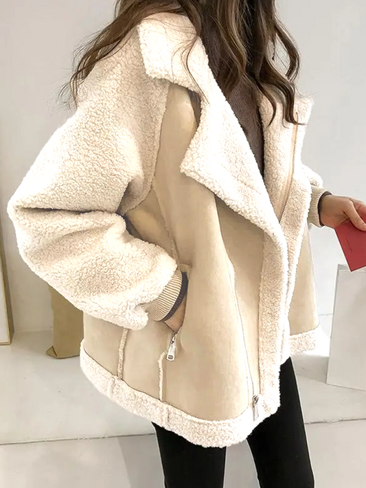 Julia Teddy Winterjas Dames | Herfstjas Vrouwen | Borg Lined Biker Jack Beige