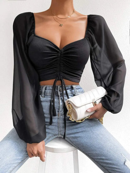 Elena | Sexy Mesh Top met Lantaarnmouwen en Trekkoord