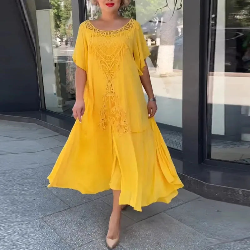 Emily | Luchtige Zomerse Chiffon Jurk met Effen Ronde Hals