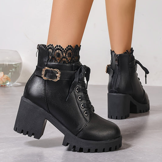 Elise - Vrouwen Trendy Platform Laarzen, Effen Kleur, Blokhak, Ritssluiting, Microvezel Kunstleer