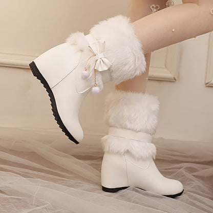 Anne - Preppy Dames Wintermode Laarzen, Slip-On, Warme Voering, Strik & Pompon Details