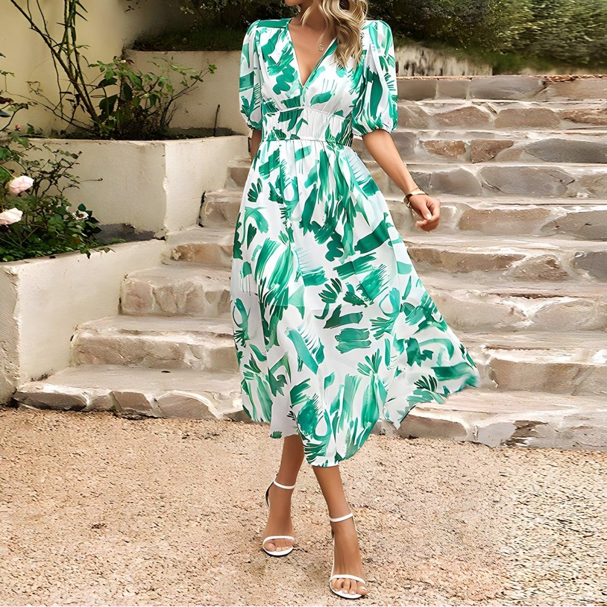 Penelope | Charmante Midi-jurk met V-hals en Print