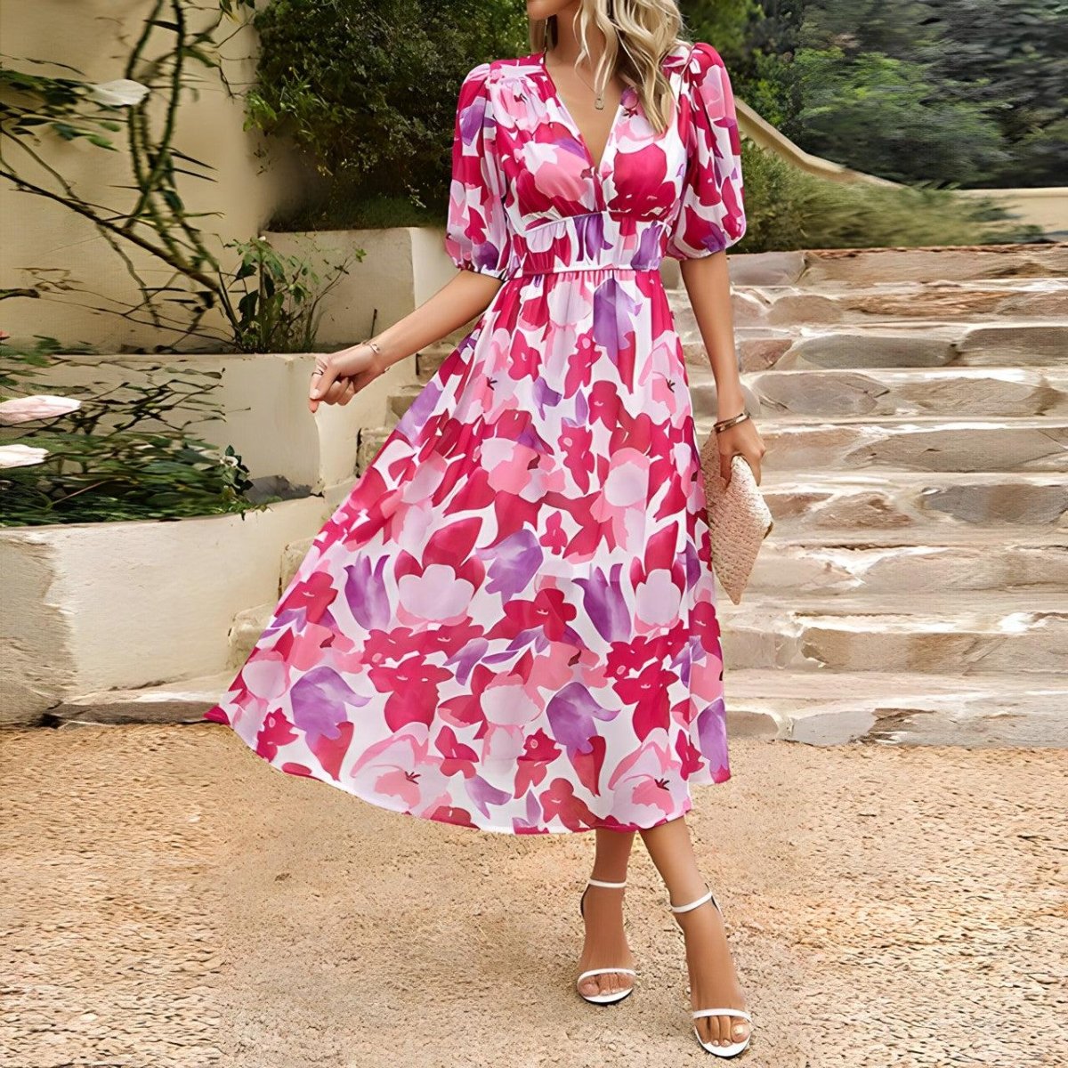 Penelope | Charmante Midi-jurk met V-hals en Print