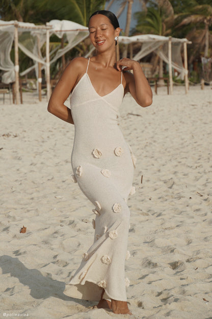 Sophia | Gebreide Jurk met Open Rug en Bloemen