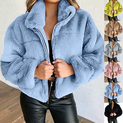 Isabella | Warme Pluche Winterjas met Stand Up Kraag